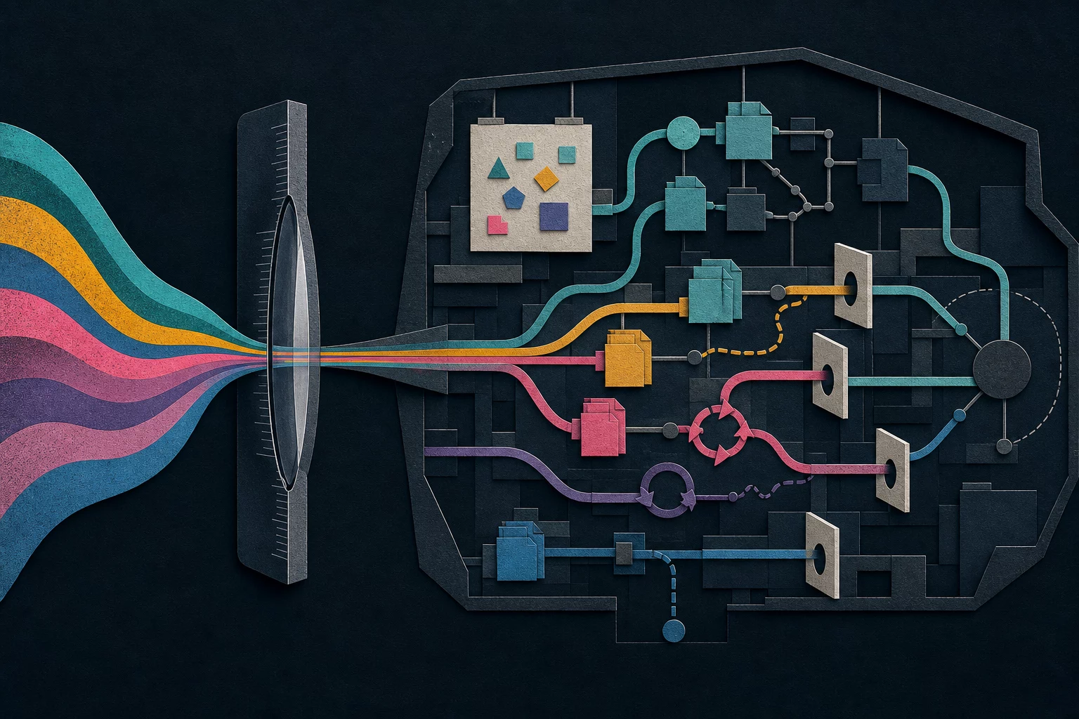 Colored capability streams narrow through a benchmark lens before following different paths through a repository-shaped system.