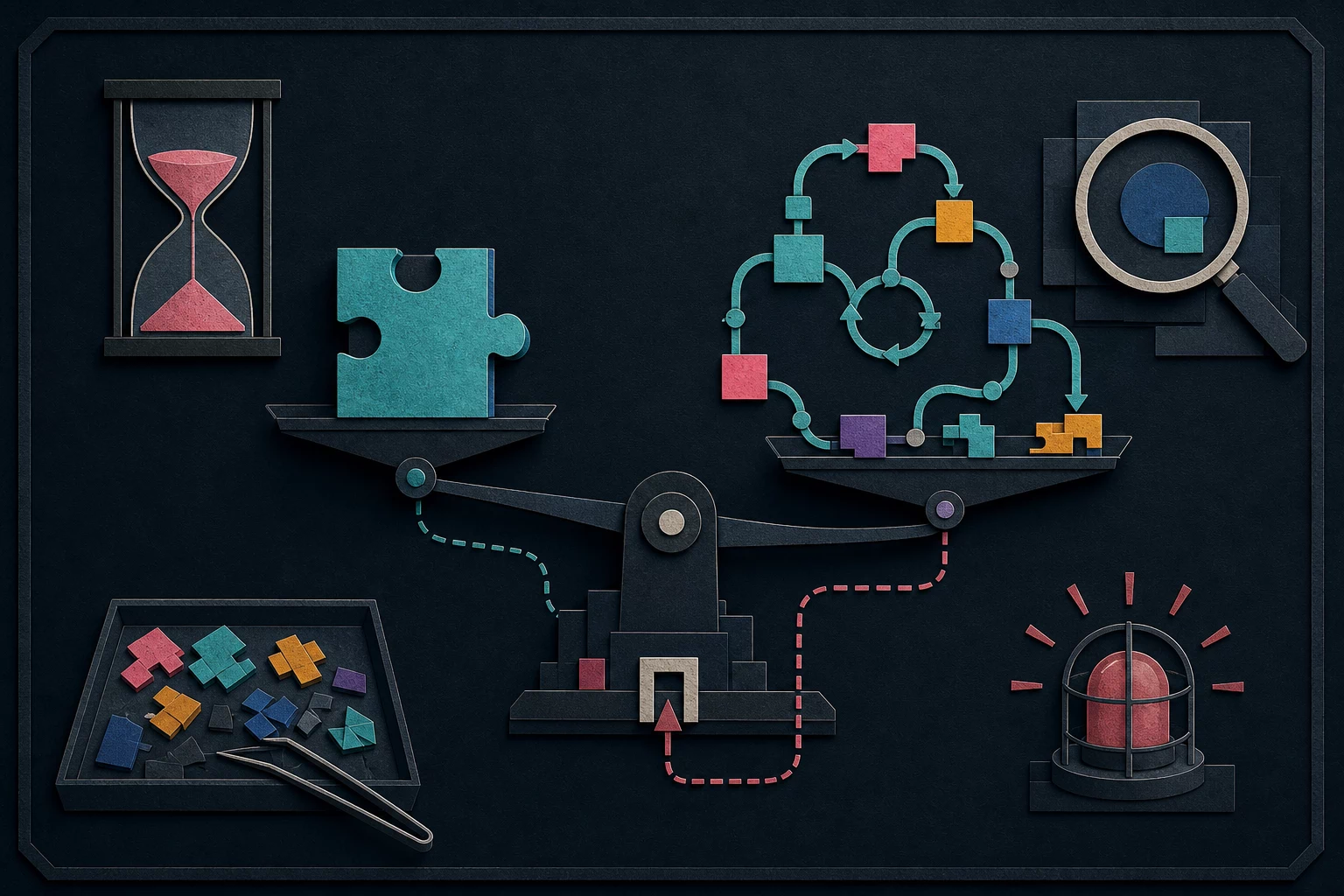 A balance weighs one large attempt against a looping sequence of smaller attempts, surrounded by symbols for time, review, cleanup, and risk.